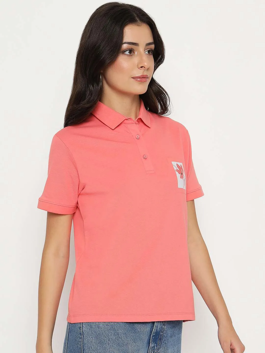Minimalist Apparel NeutralTonesCollection Madame Graphic Print Adorned Cotton Blend Coral Polo T-shirt
