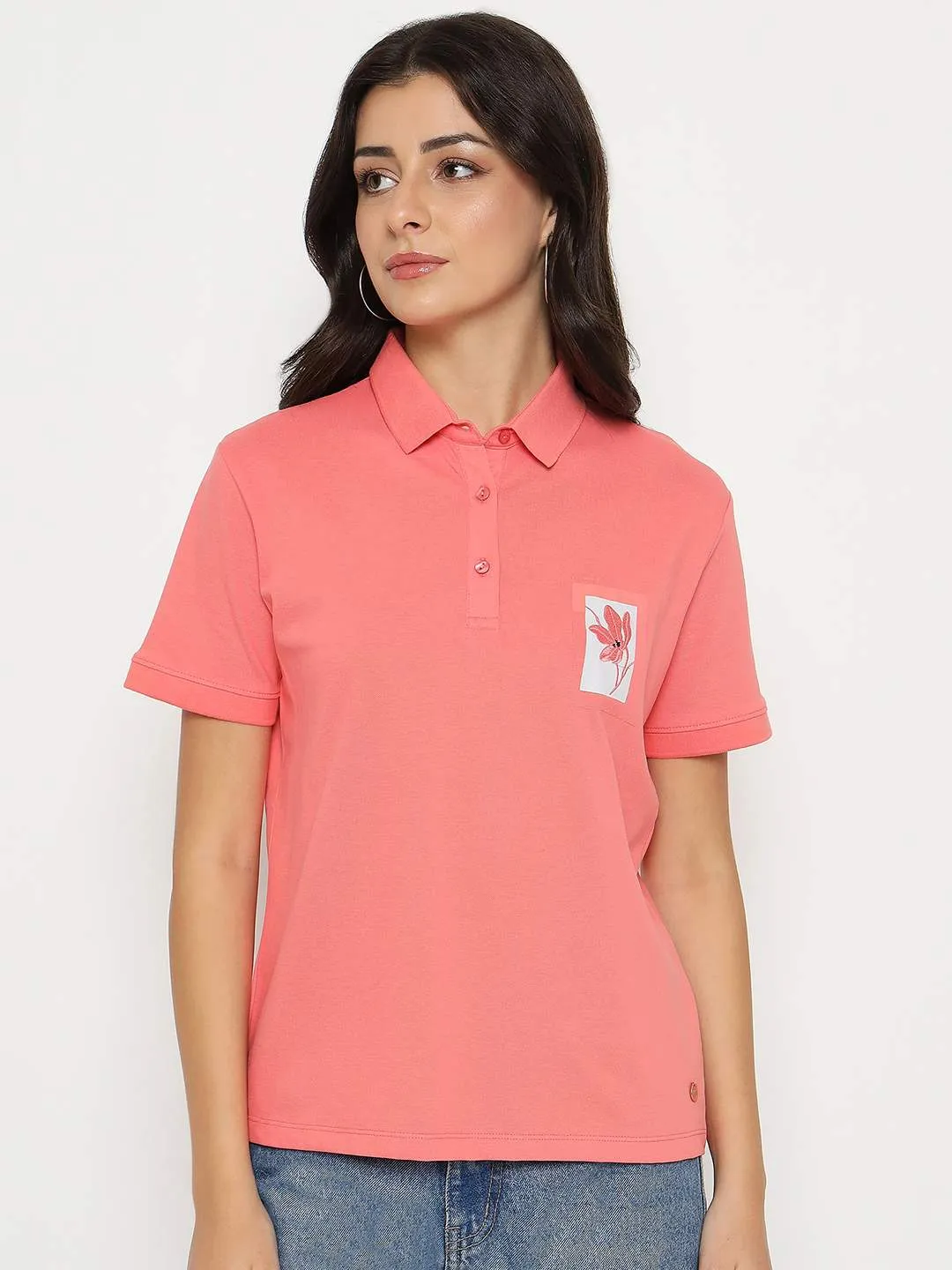 Madame Graphic Print Adorned Cotton Blend Coral Polo T-shirt Durable Stitching Autumn Wear