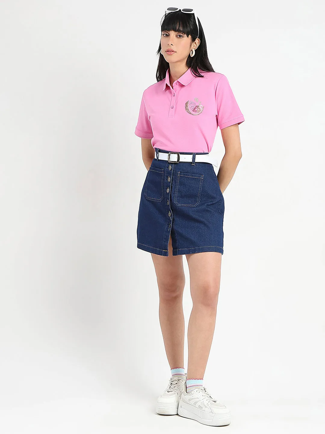 informal gathering Madame Graphic Print Adorned Cotton Blend Pink Polo T-shirt