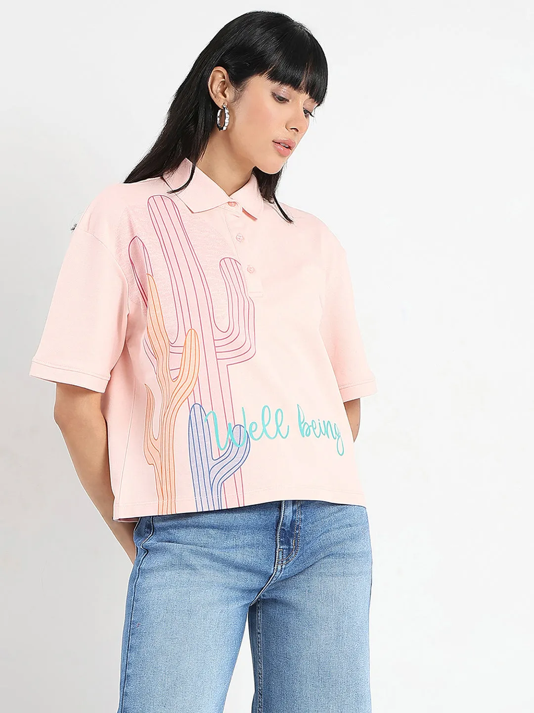 Classic and Comfy Timeless Fashion Madame Graphic Print Cotton Blend Peach Polo T-shirt