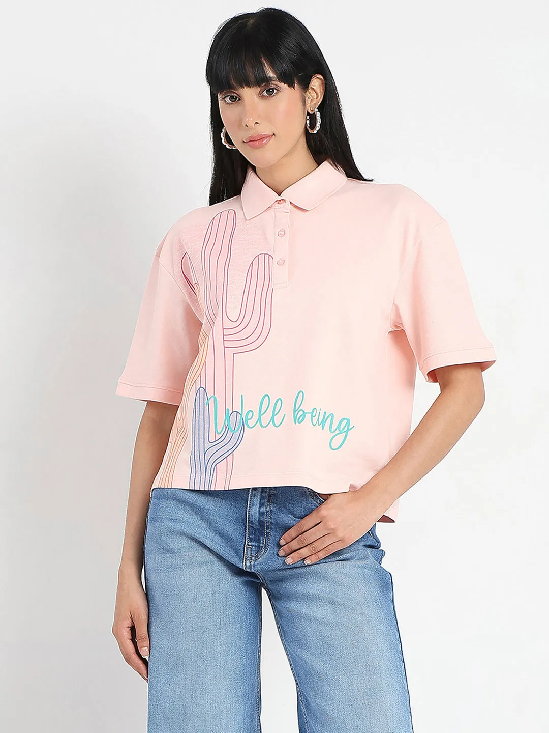 Basic Wear Effortless Design Madame Graphic Print Cotton Blend Peach Polo T-shirt