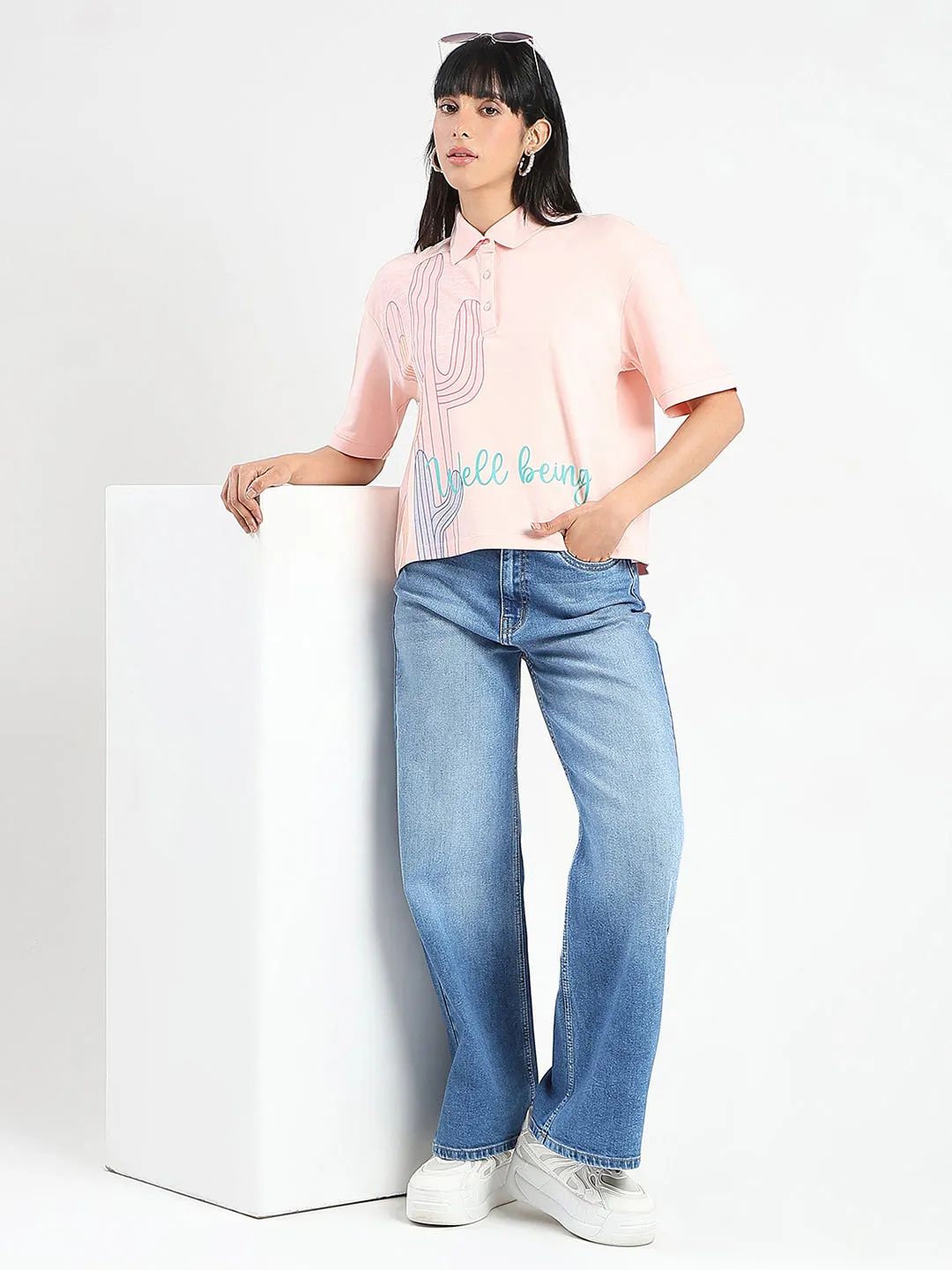 Madame Graphic Print Cotton Blend Peach Polo T-shirt Fashionable Ease