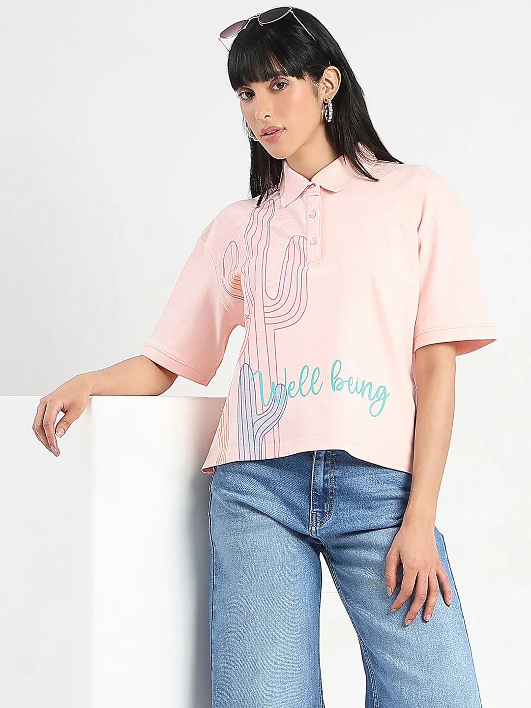 Breathable Flex Fit Cozy Layering Madame Graphic Print Cotton Blend Peach Polo T-shirt