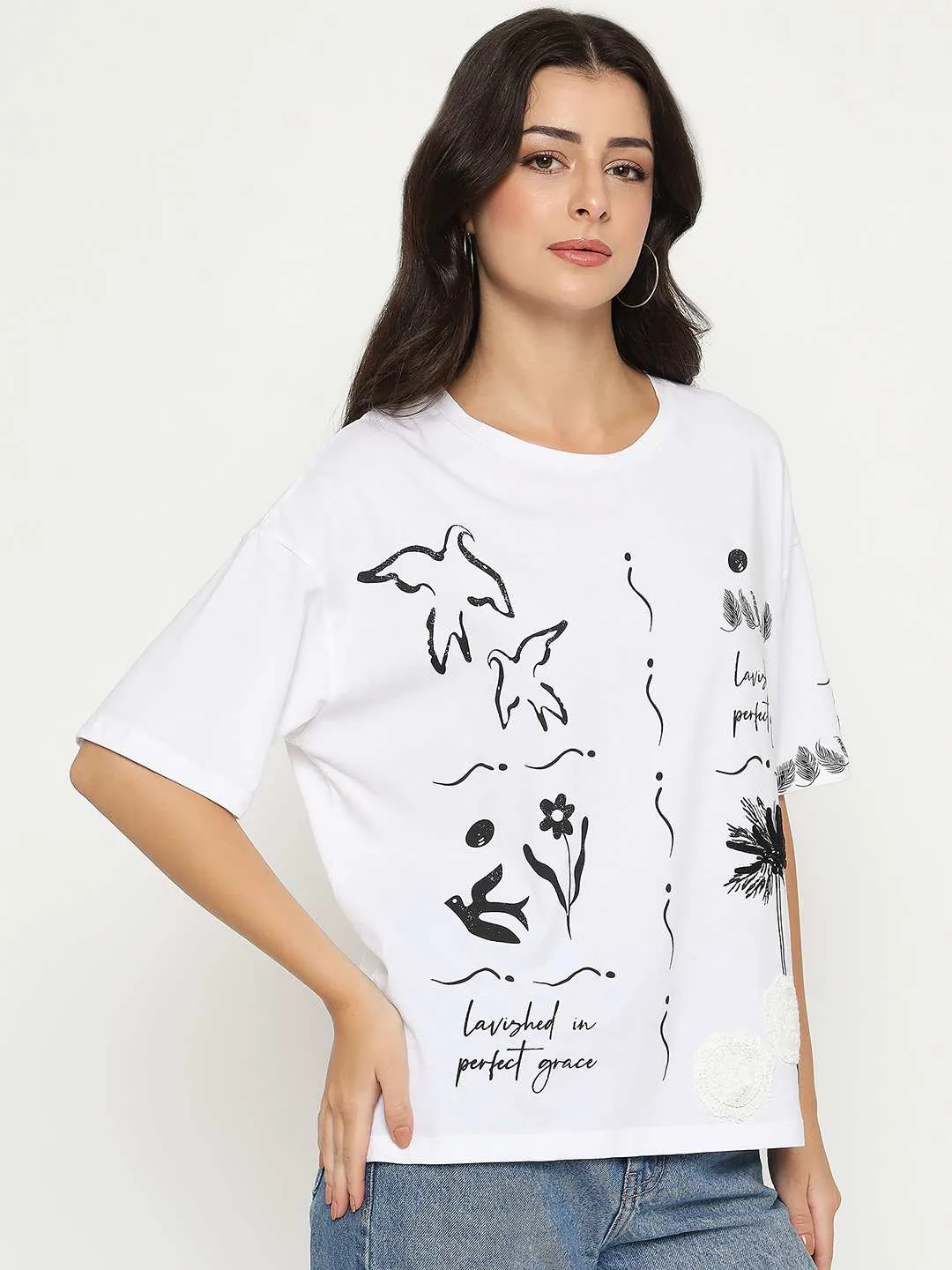 Madame Graphic Print Cotton White T-shirt FlexibleCollarOptions
