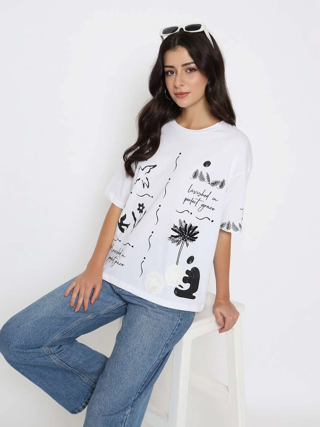Linen blend Madame Graphic Print Cotton White T-shirt