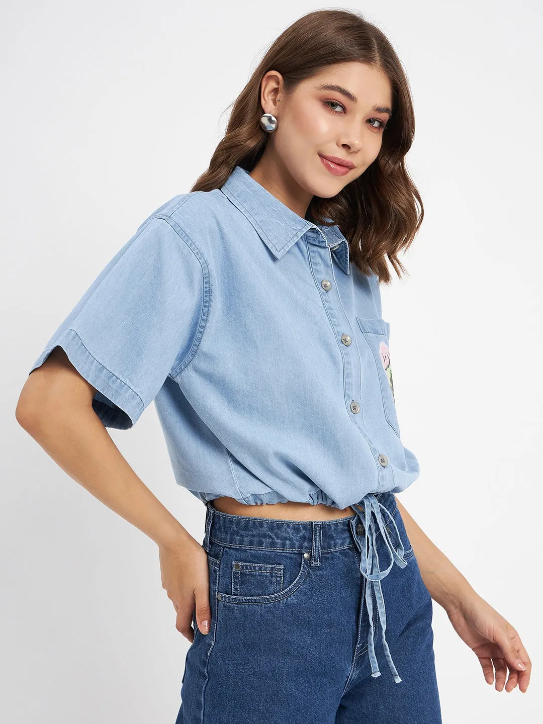 Madame Graphic Print Light Blue Cotton Shirt Neutral Tones Active Layering