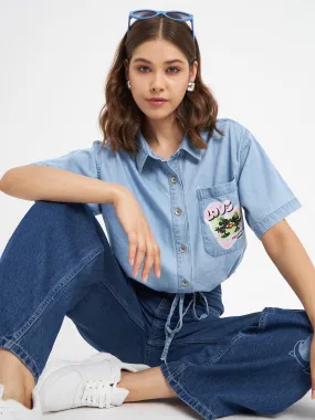 Madame Graphic Print Light Blue Cotton Shirt No Slip Shoulder Grips Ultra Soft Interior