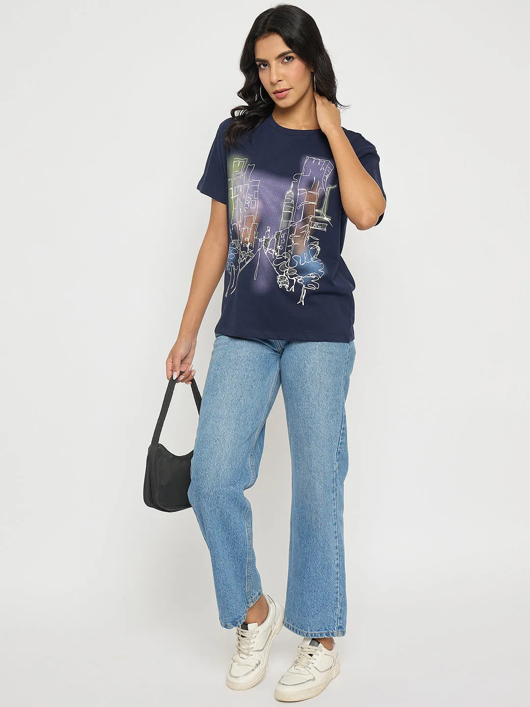 Madame Graphic Print Navy Blue Cotton T-shirt Effortless Comfort Wear Comfy Fit Layer