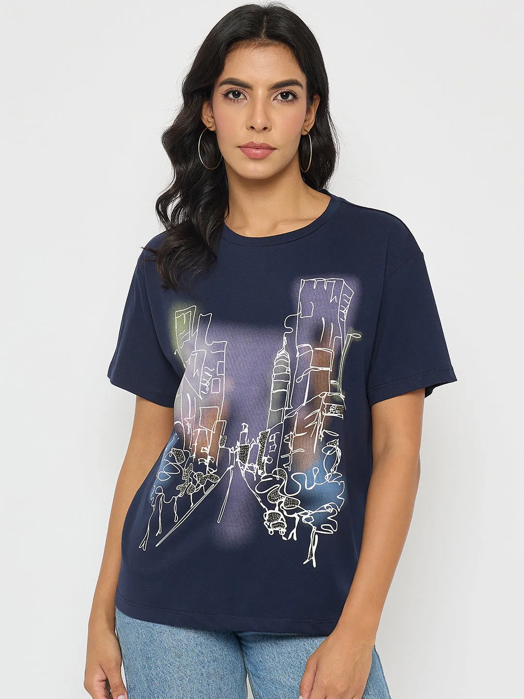 Sleek Performance Fit Reinforced Neckline Madame Graphic Print Navy Blue Cotton T-shirt