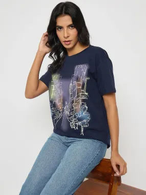 Madame Graphic Print Navy Blue Cotton T-shirt Chilly Layer