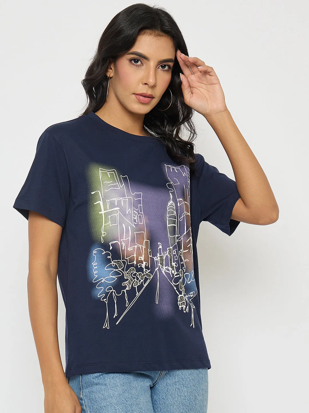 Wrinkle Resistant Madame Graphic Print Navy Blue Cotton T-shirt