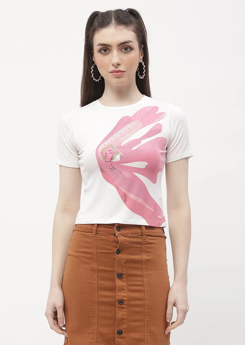 Madame Graphic Print Off-White Ribbed T-Shirt soft look