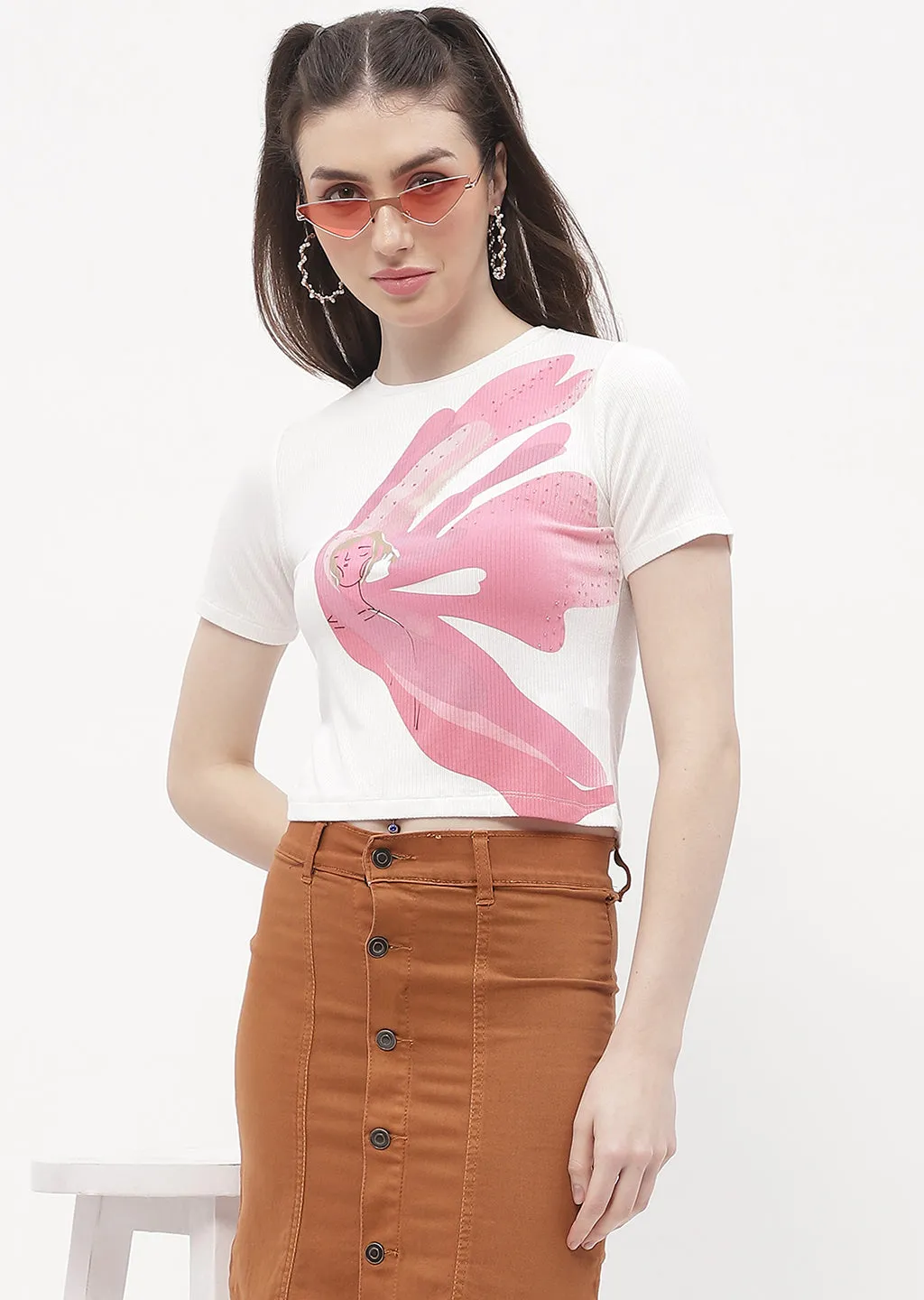 Madame Graphic Print Off-White Ribbed T-Shirt brandable Daily Style