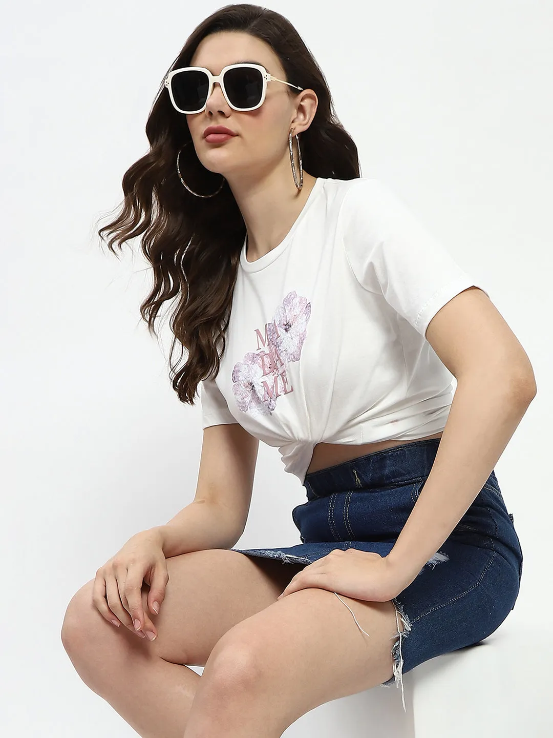 Layered Look Madame Graphic Print White Cotton T-Shirt