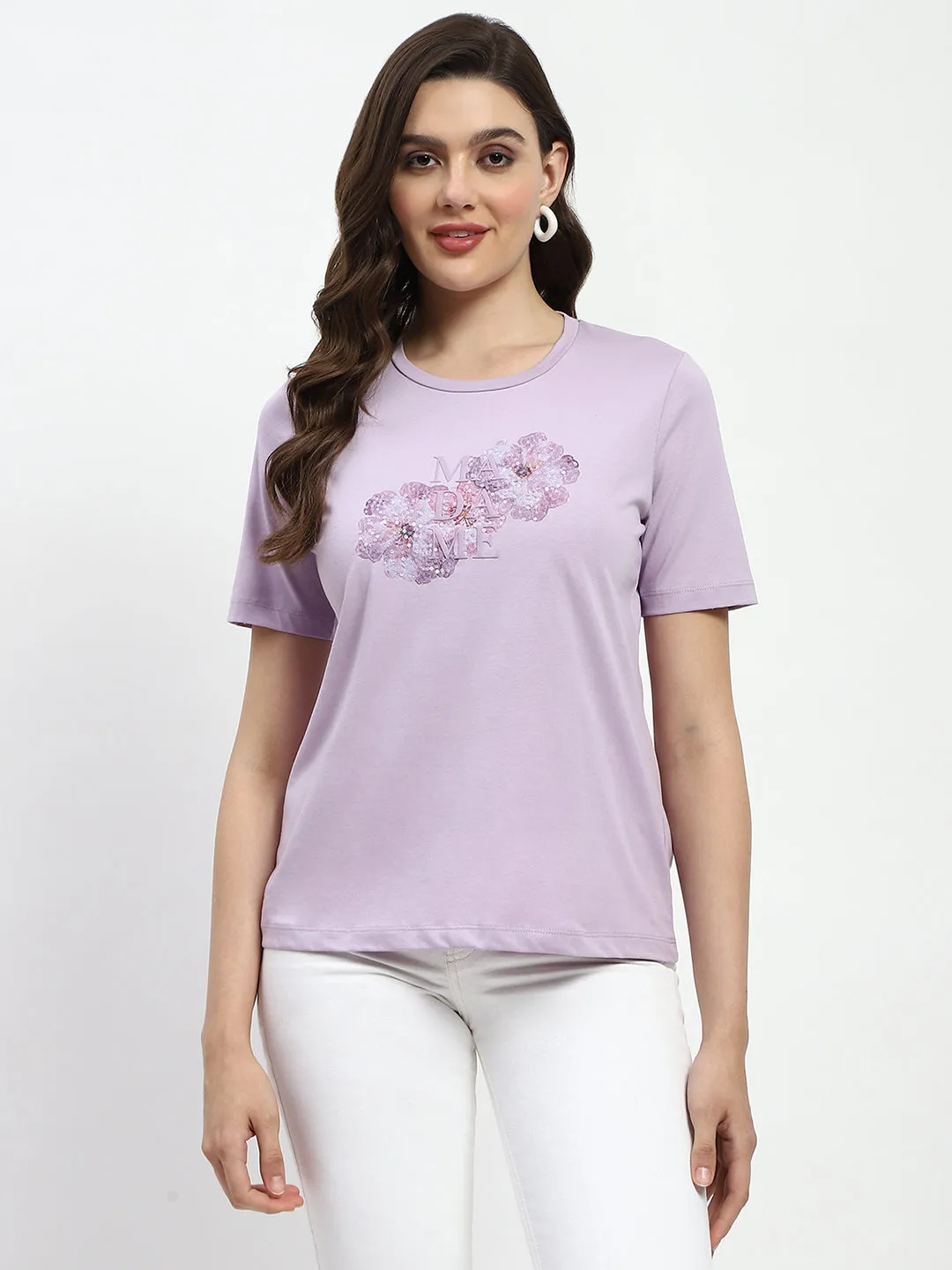 Holiday Style Street Style Trend Madame Graphic Printed Mauve Cotton T-Shirt