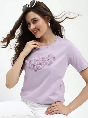 Geometric precision Cozy And Warm Madame Graphic Printed Mauve Cotton T-Shirt