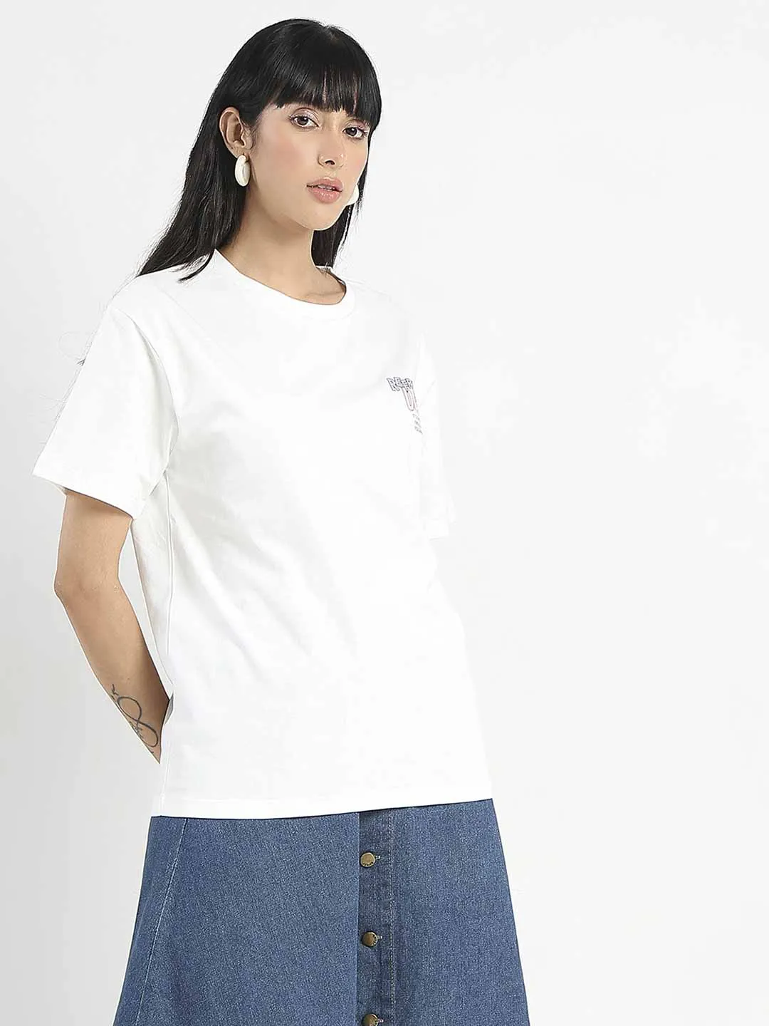 Madame Graphic Printed Round Neck White Sinker T-Shirt Street Trend Look