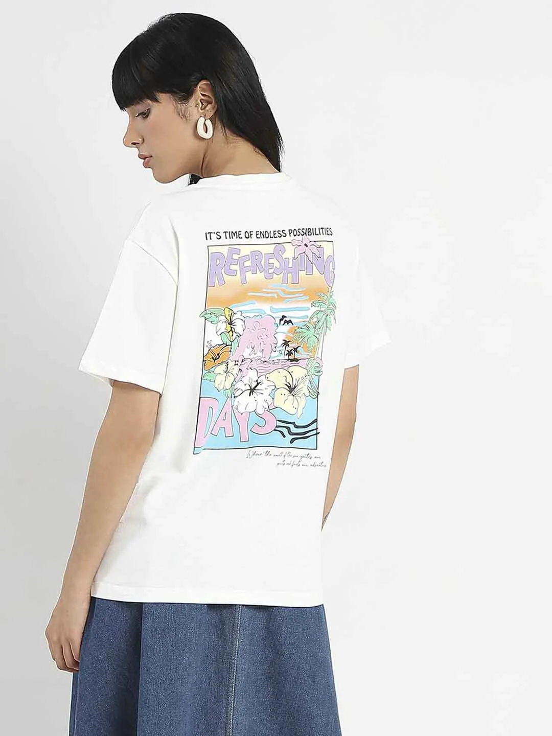 Madame Graphic Printed Round Neck White Sinker T-Shirt Active Design Relaxed Movement