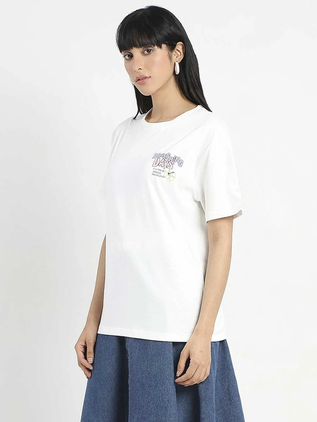 Subtle Logo Placement Madame Graphic Printed Round Neck White Sinker T-Shirt