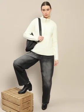 Comfortable Look Stretch Knit Technology Madame Half Zipper Collared Off White Sweater