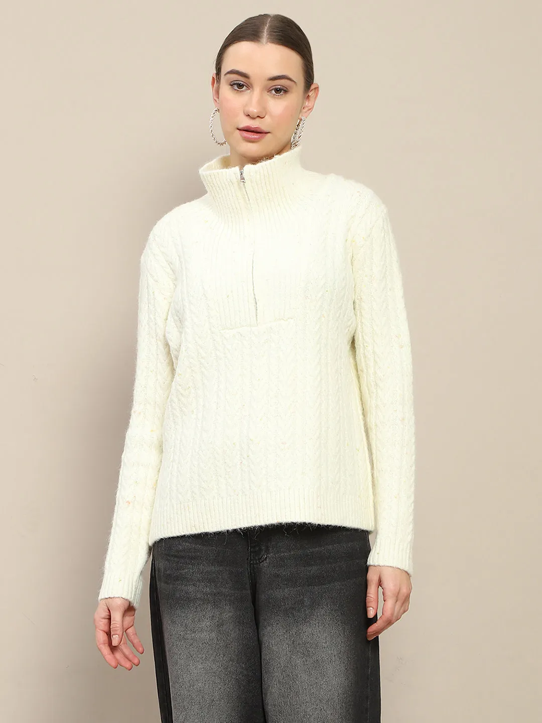 Roomy Fit Bias Cut Hem Details Madame Half Zipper Collared Off White Sweater