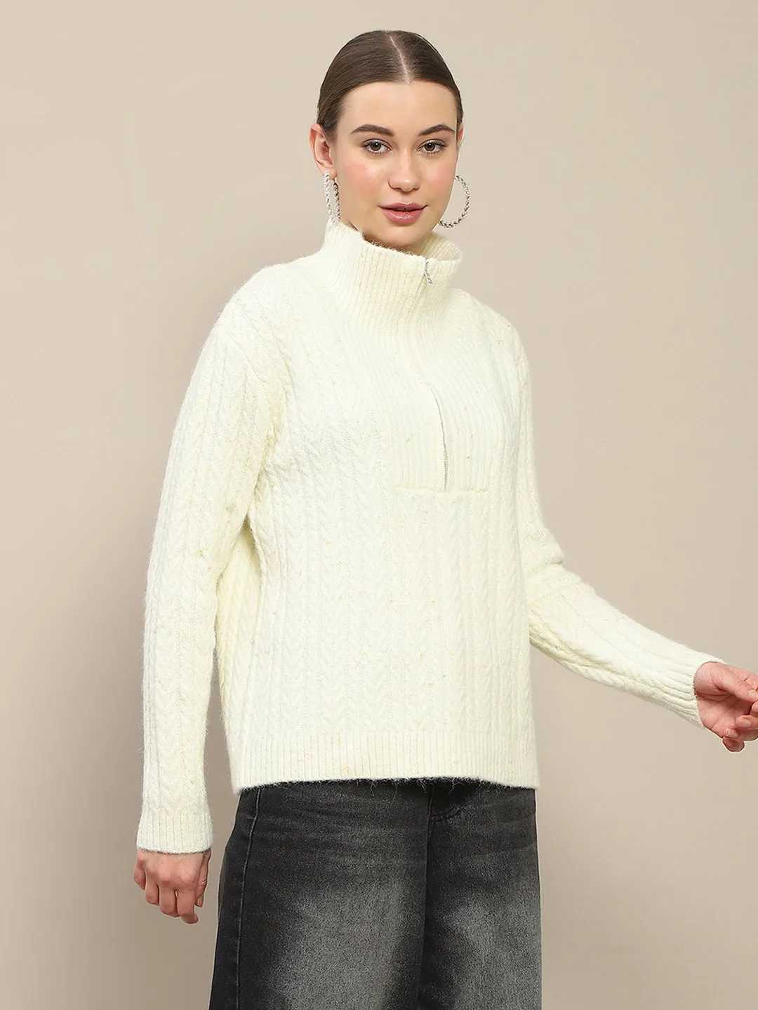 Soft Interior Snug Knit Madame Half Zipper Collared Off White Sweater
