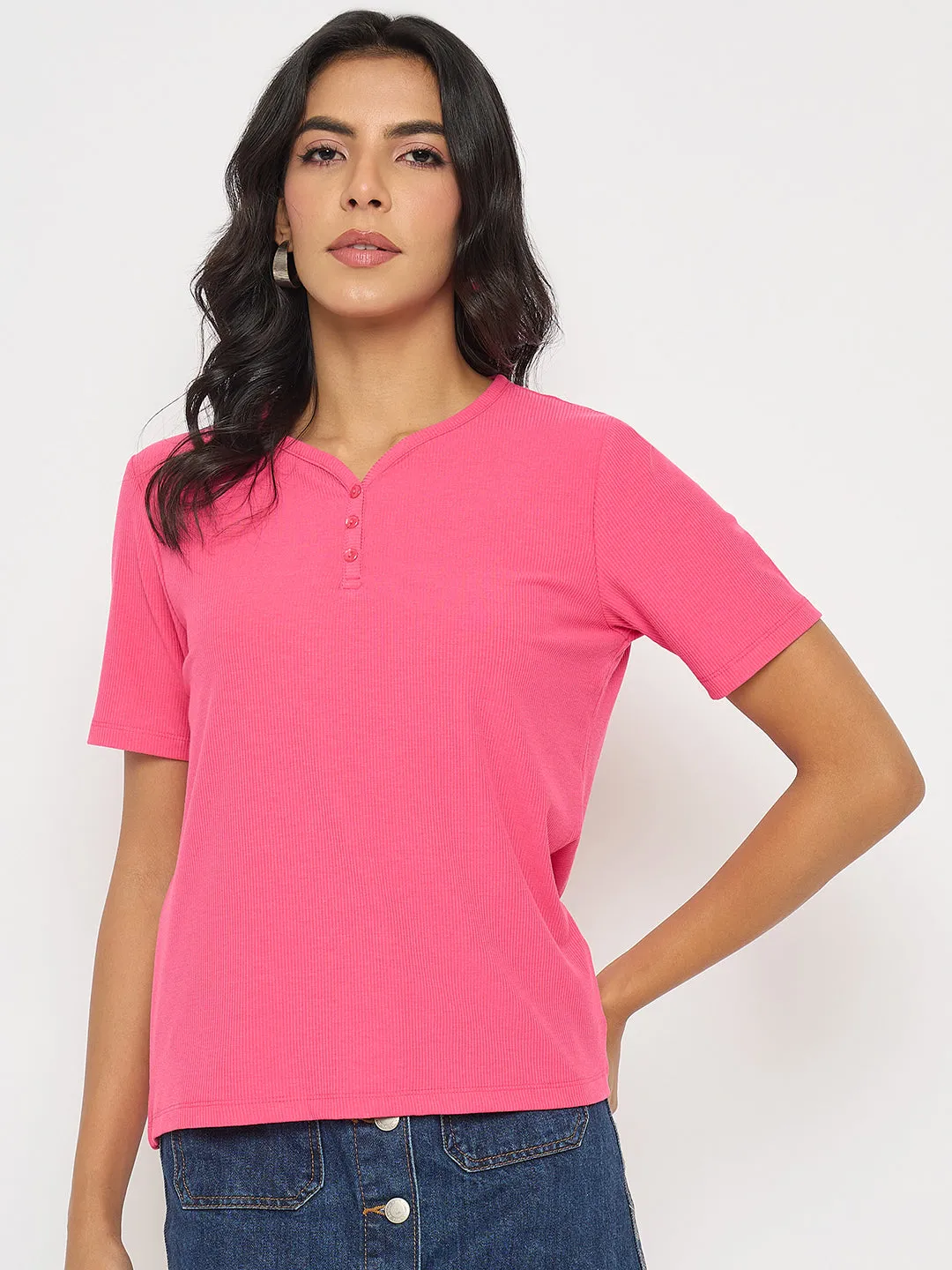 Madame Henley Neck Solid Hot Pink T-Shirt Trendy popularity