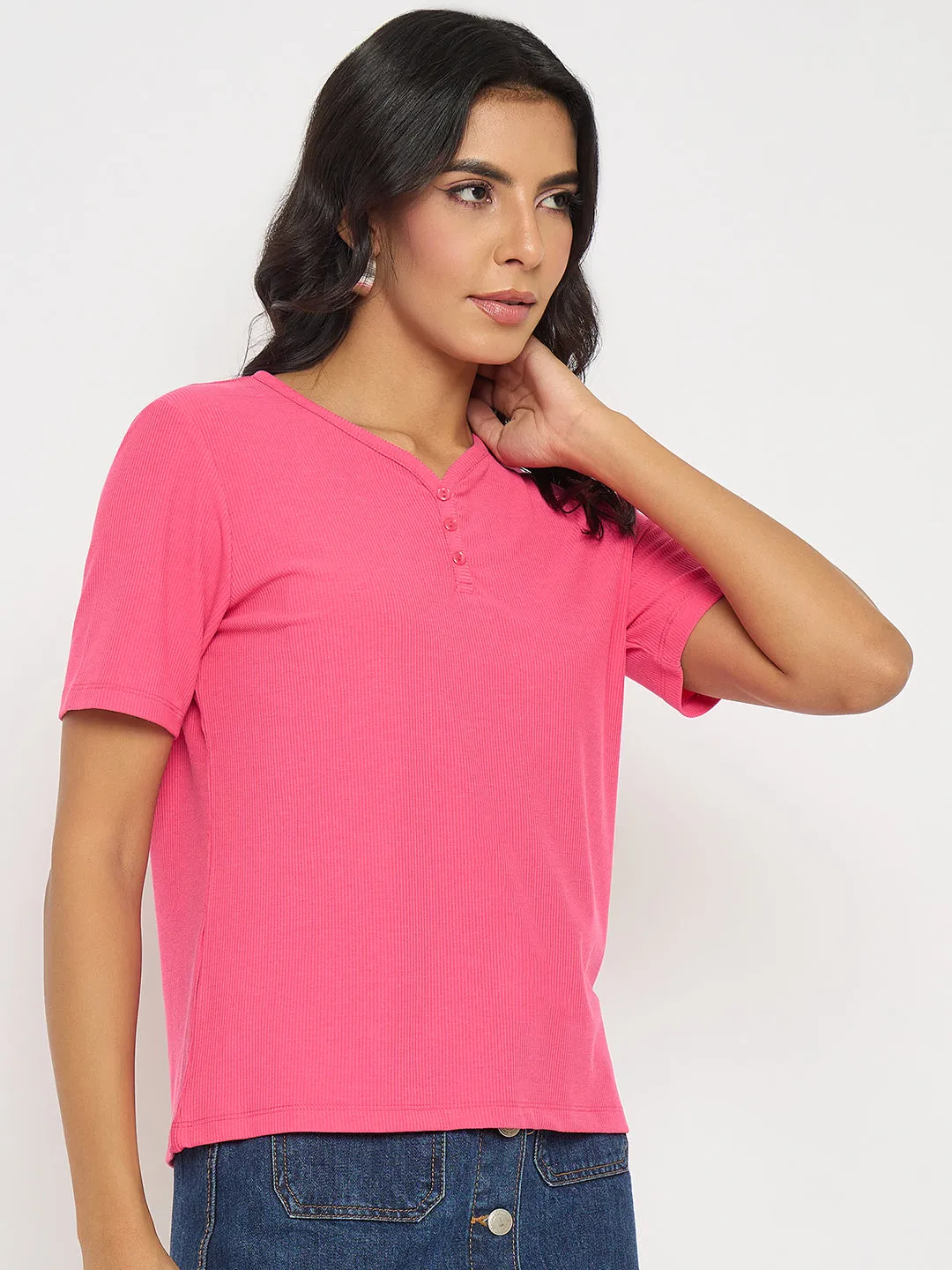 brandable Madame Henley Neck Solid Hot Pink T-Shirt