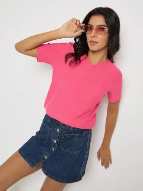Short sleeved breeziness Comfy Top Madame Henley Neck Solid Hot Pink T-Shirt