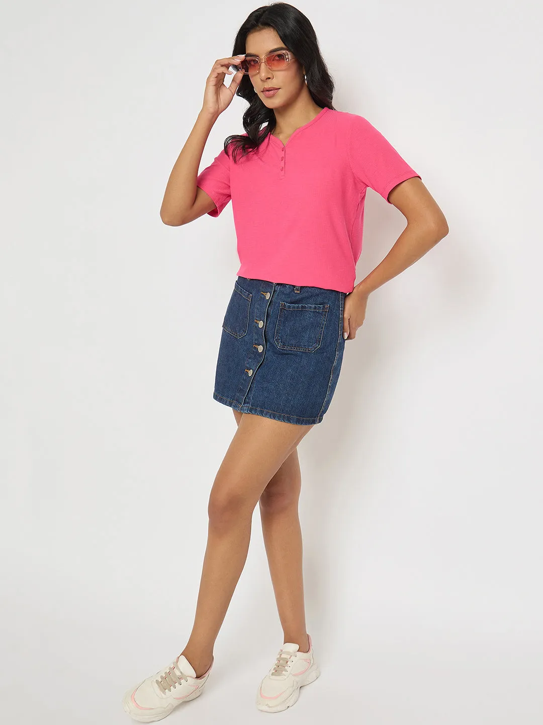 Easy Wear Option Madame Henley Neck Solid Hot Pink T-Shirt