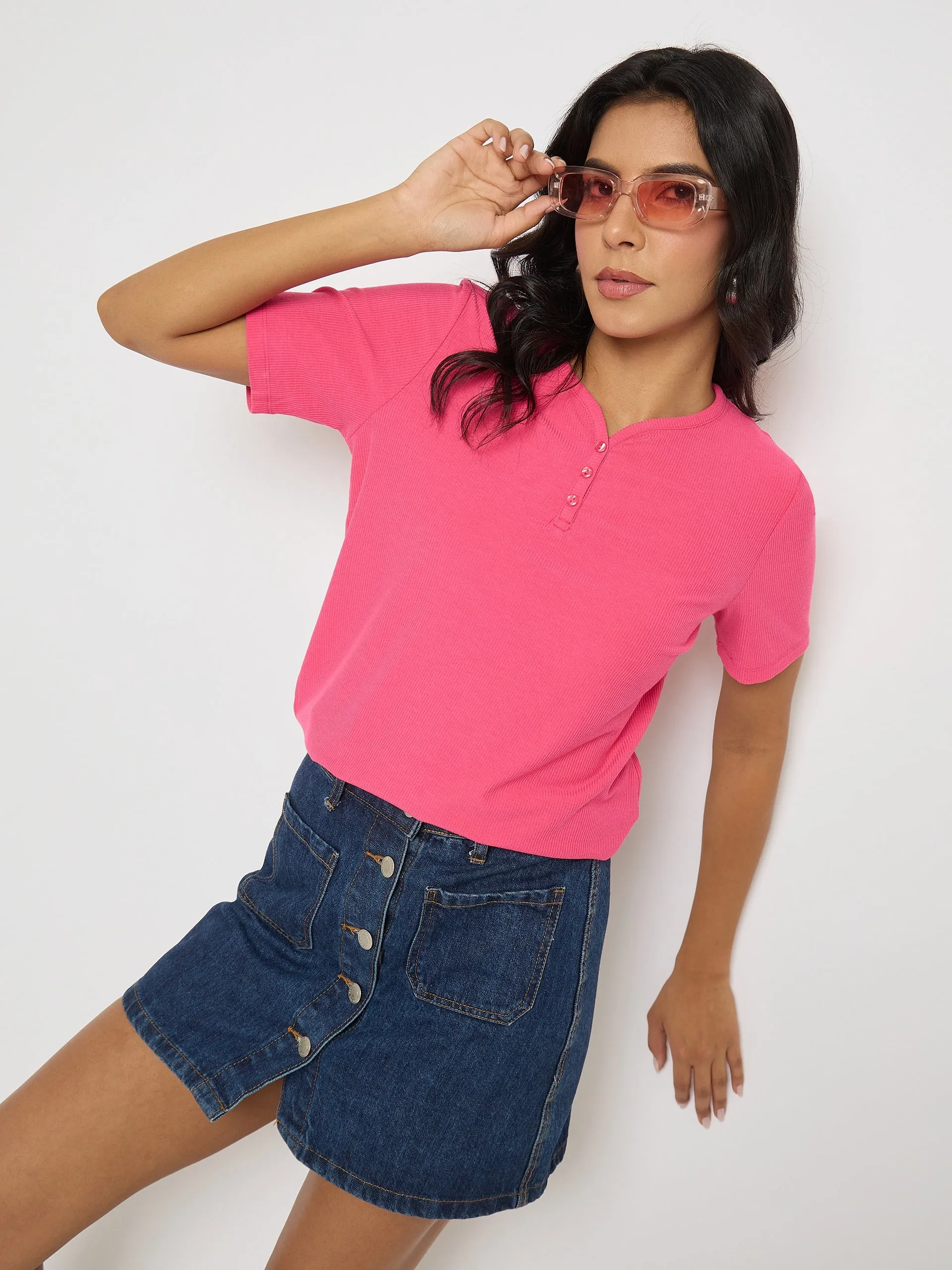 Short sleeved breeziness Comfy Top Madame Henley Neck Solid Hot Pink T-Shirt