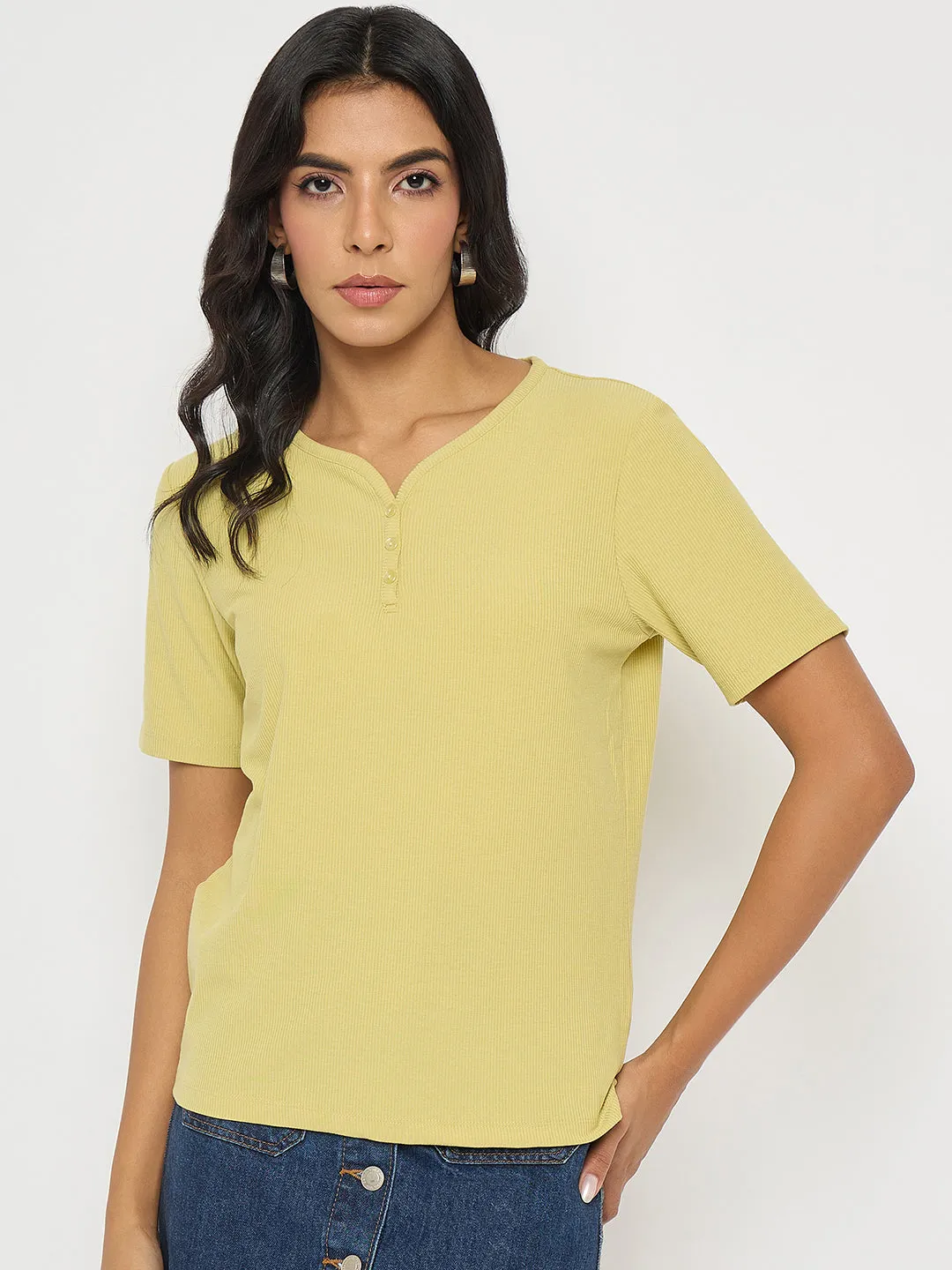OversizedSilhouette Madame Henley Neck Solid Mustard Yellow T-Shirt