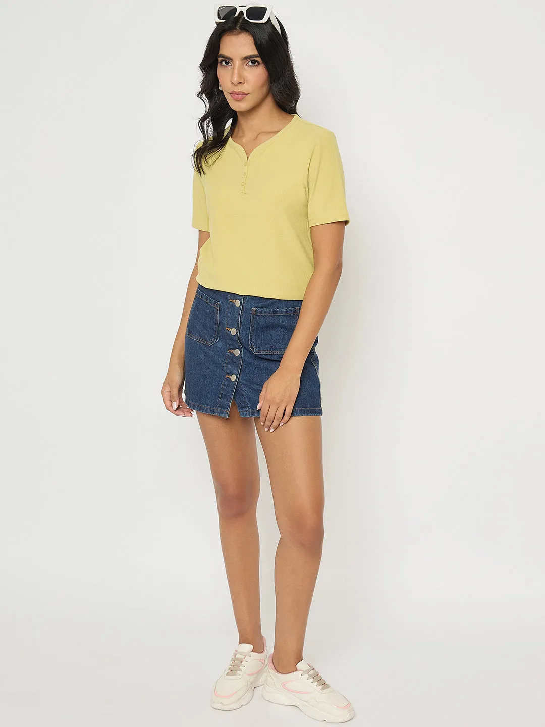 Madame Henley Neck Solid Mustard Yellow T-Shirt Trendy Vibes