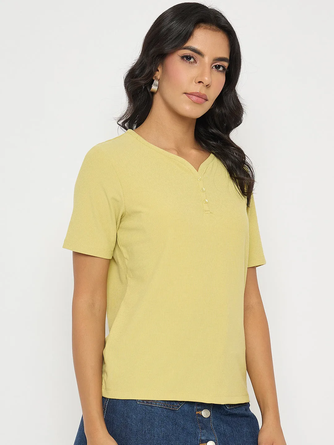 Pocket Design Madame Henley Neck Solid Mustard Yellow T-Shirt