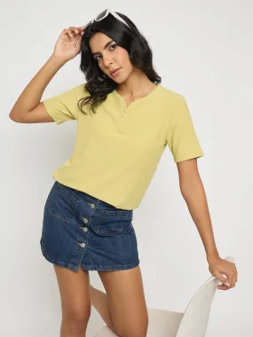 Madame Henley Neck Solid Mustard Yellow T-Shirt Slim fit clothing