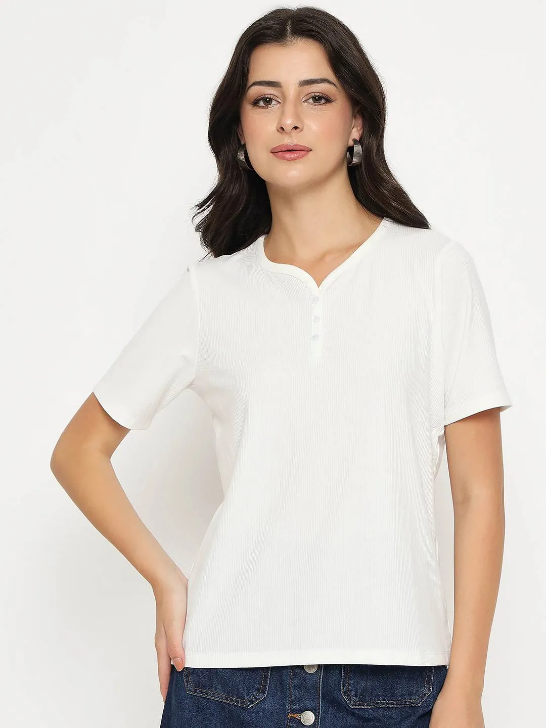 Madame Henley Neck Solid White T-Shirt SkinFriendlyFibers AntiStatic Properties