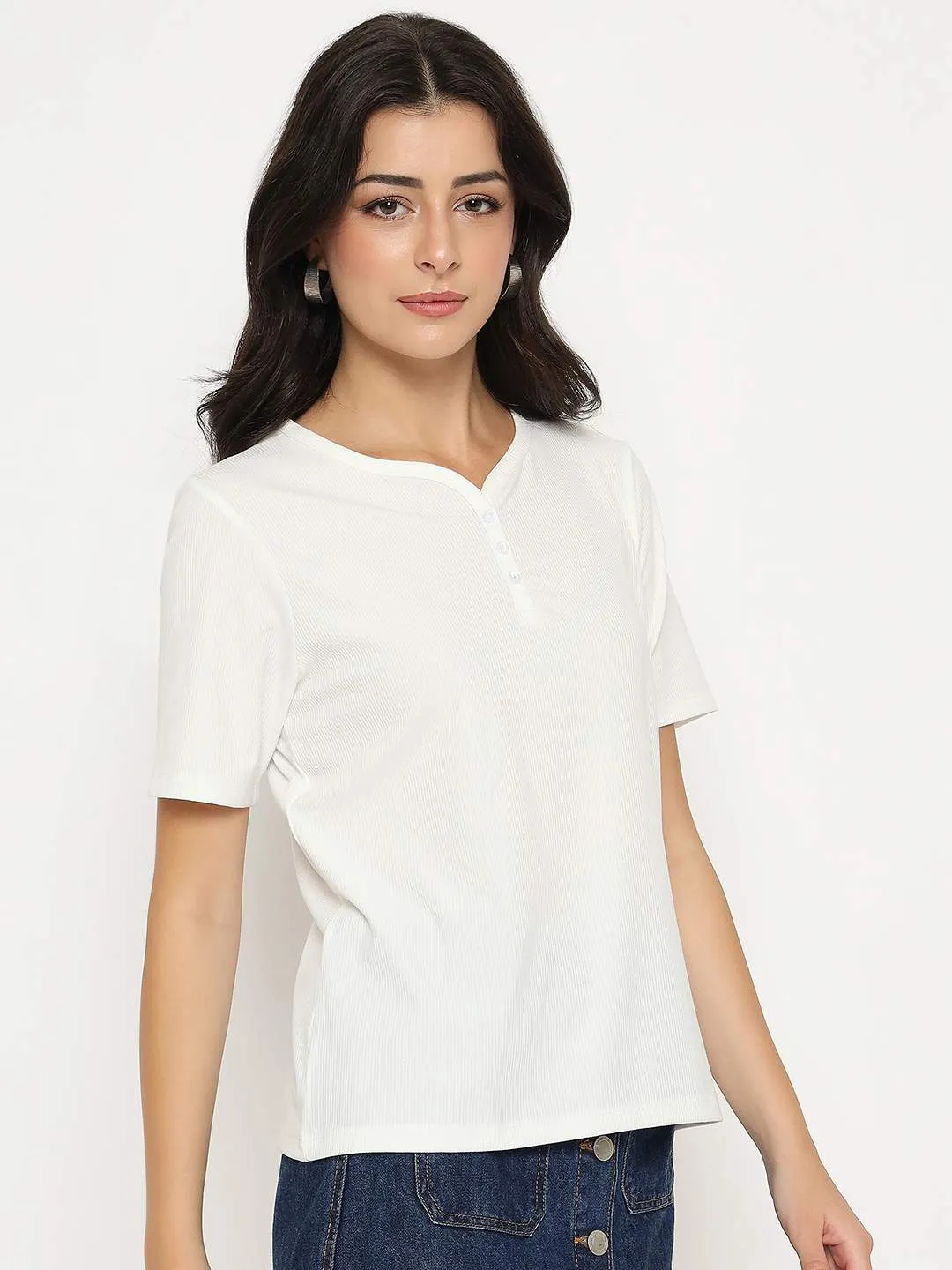 Madame Henley Neck Solid White T-Shirt Classic Comfort