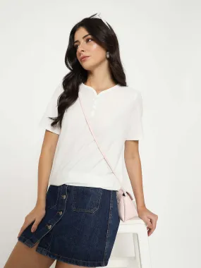 Madame Henley Neck Solid White T-Shirt dry cleanable