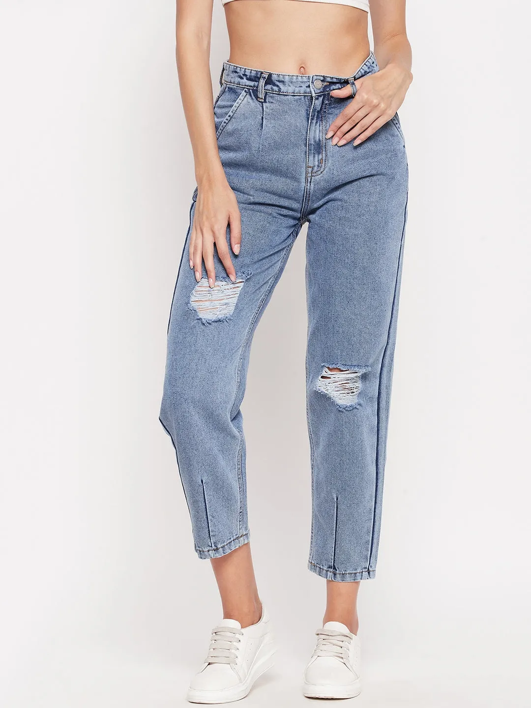 Madame High-Distressed Calf-Length Slim Light Blue Jeans Barrel Leg Construction