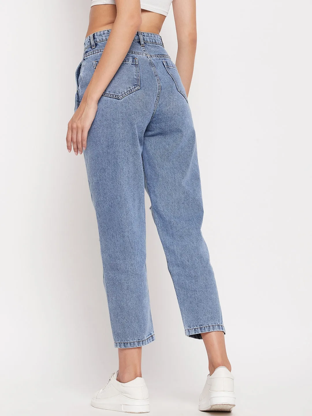 Neutral Autumn Days Casual Chic Madame High-Distressed Calf-Length Slim Light Blue Jeans