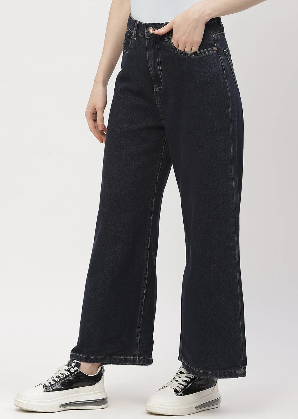 Wardrobe Staple Stylish Look Madame High Rise Carbon Blue Wide Leg Jeans