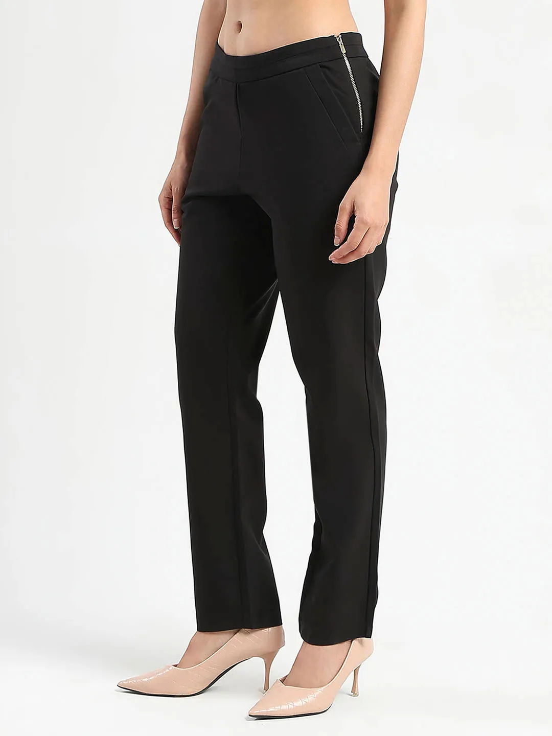 Utility pocket Contrast Trim Madame High-Waist Cotton Blend Black Trousers
