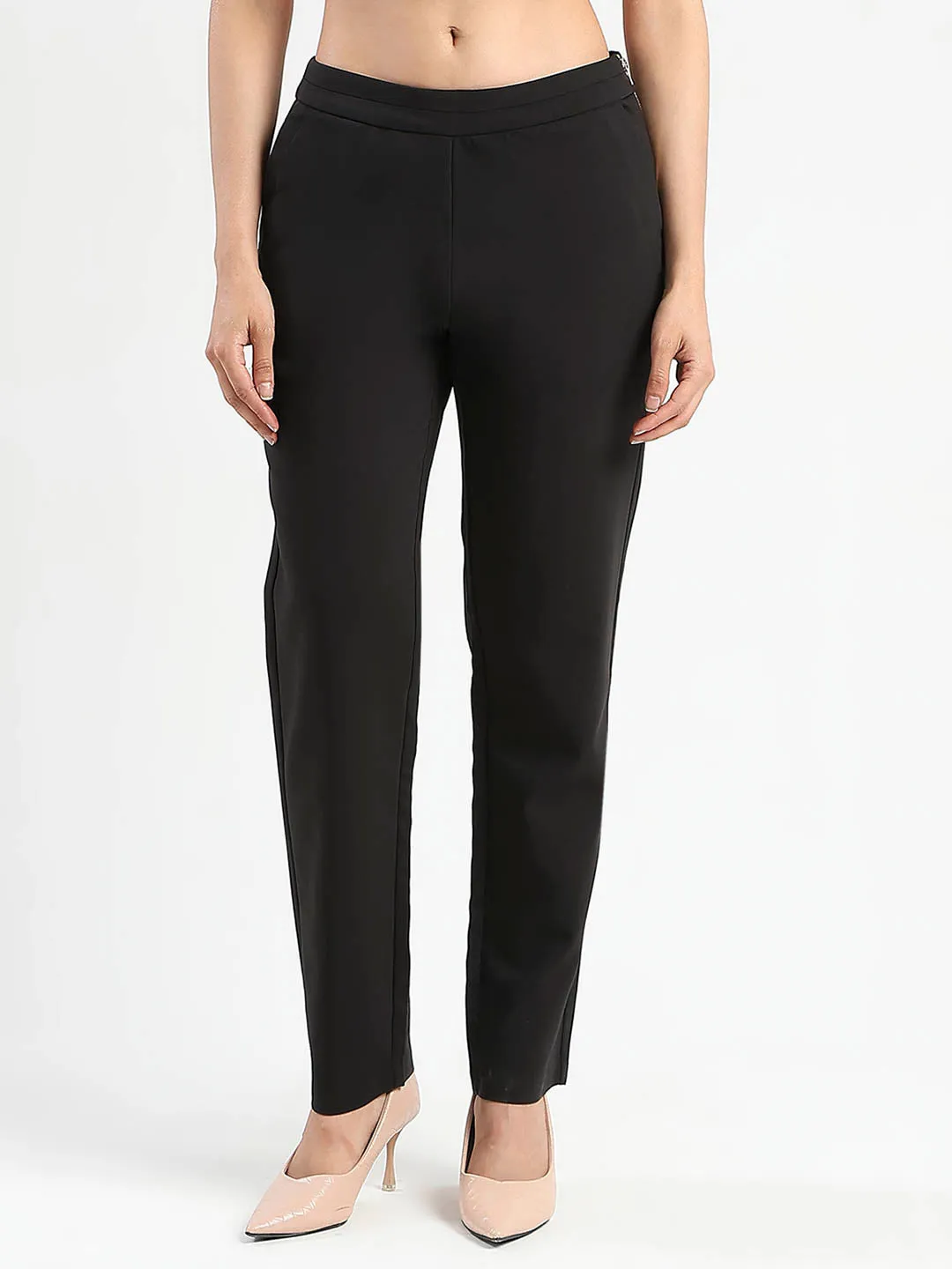 Madame High-Waist Cotton Blend Black Trousers Stretch Waist Flexible Gusset