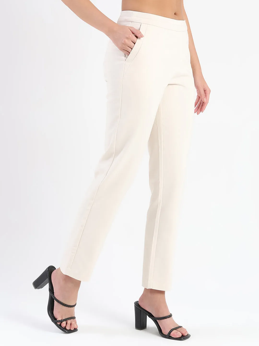 Flattering Comfort Madame High-Waist Cotton Blend Ivory Trousers