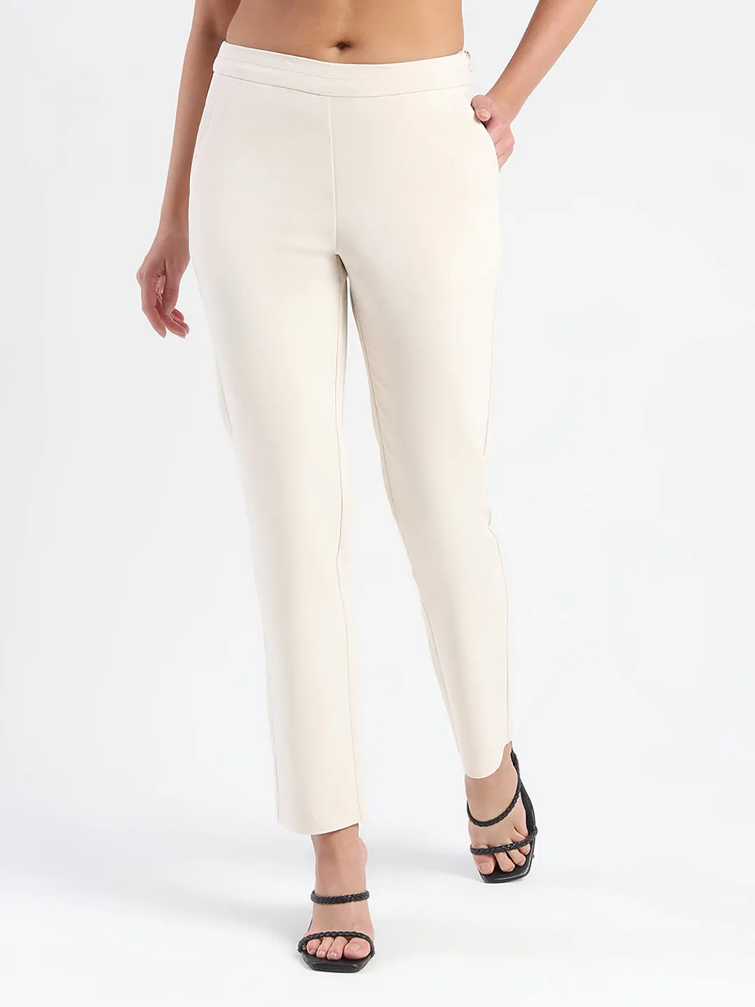 Madame High-Waist Cotton Blend Ivory Trousers Smart Look Urban Flex