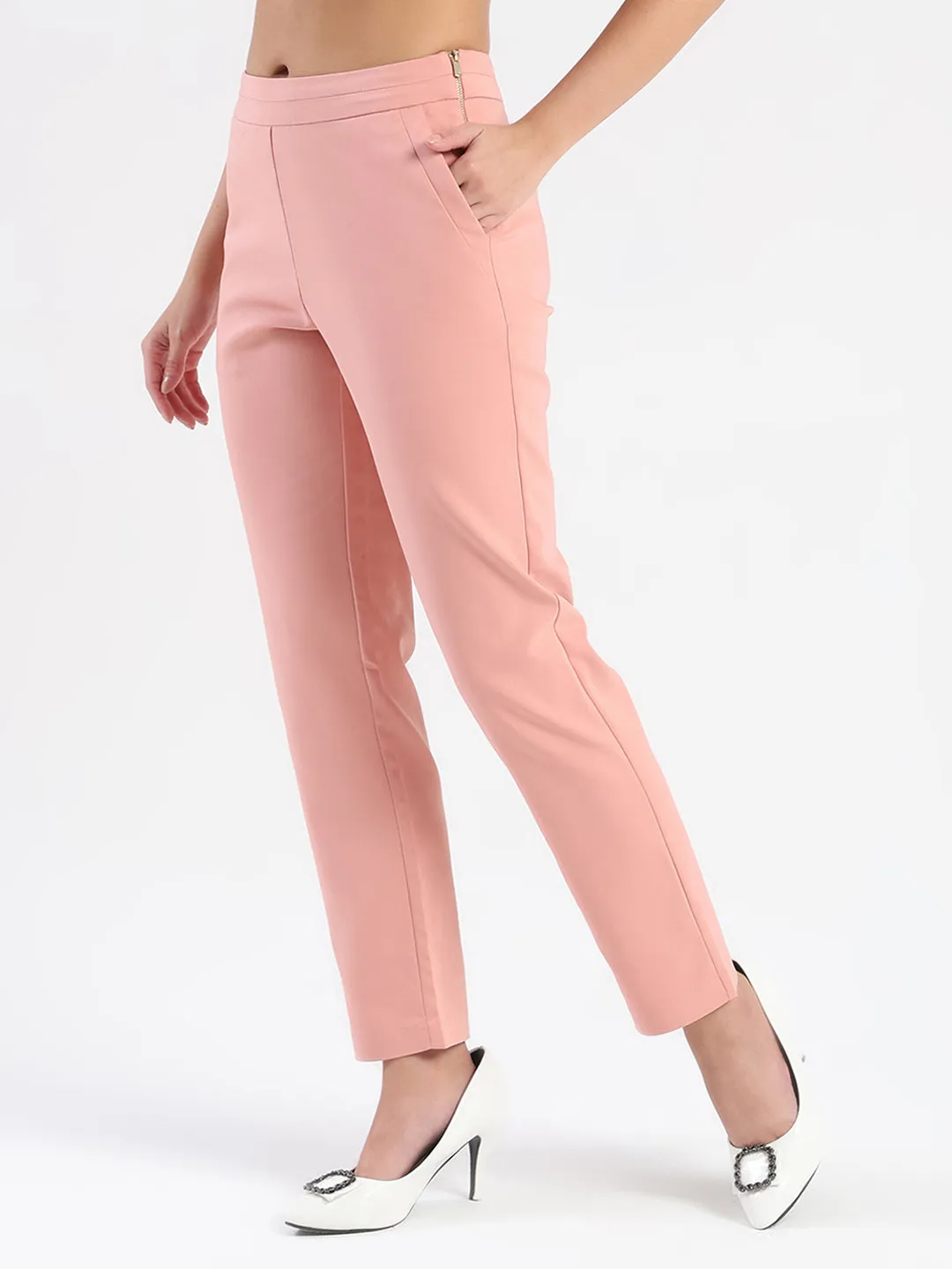 Stylish Cut Madame High-Waist Cotton Blend Pink Trousers