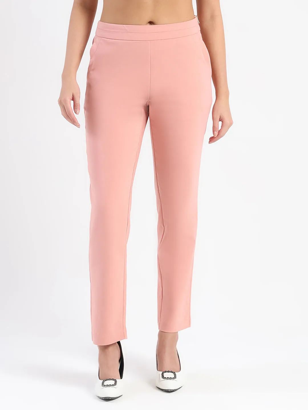 Madame High-Waist Cotton Blend Pink Trousers Cuffed hem Stretchable Fit