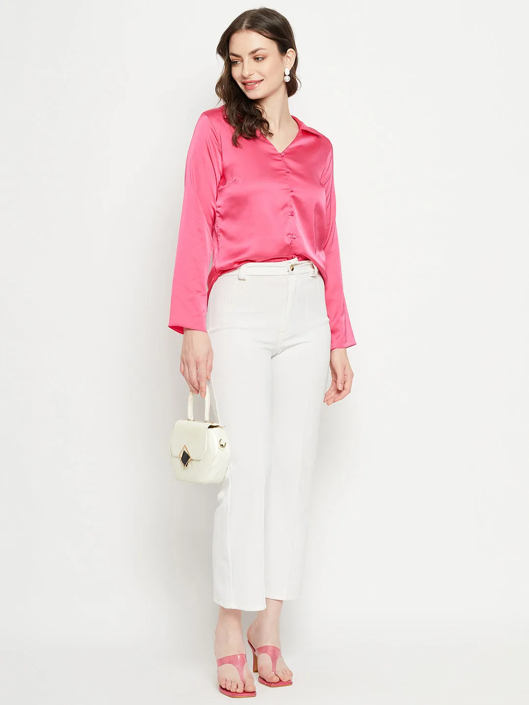 Work-to-Weekend Classy Detail Madame Hot-Pink Satin Shirt