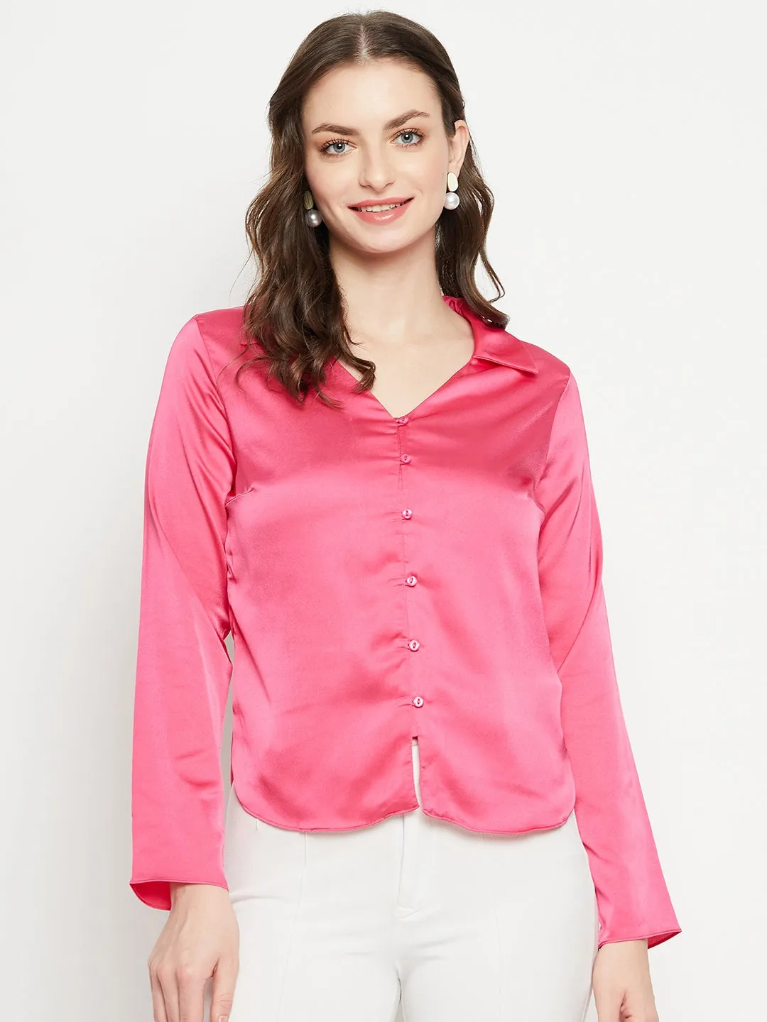 Madame Hot-Pink Satin Shirt Runway Inspired Adjustable Hem