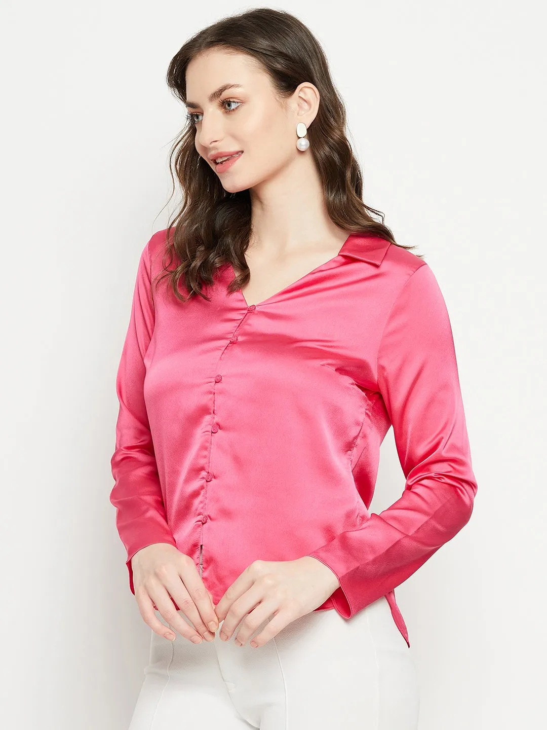 Madame Hot-Pink Satin Shirt Durable Fabric